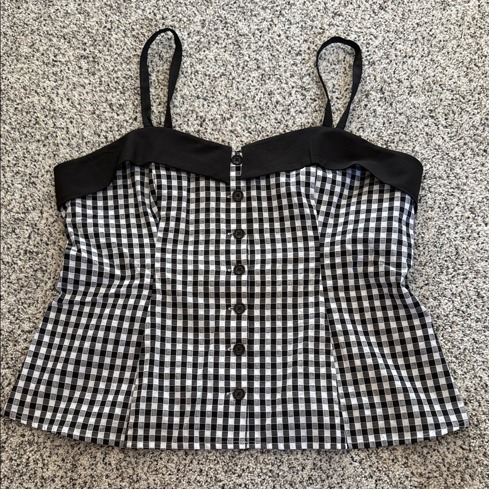 Unique Vintage Black & White Gingham Button-Front Retro Style Cami